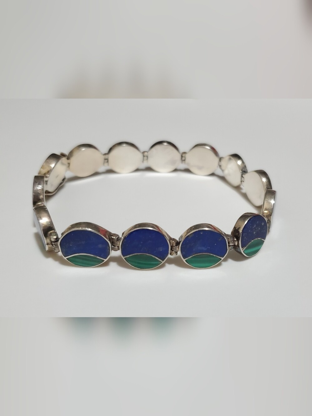 Vtg. Silver 950 Blue Lapis & Green Malachite Inlay Bracelet